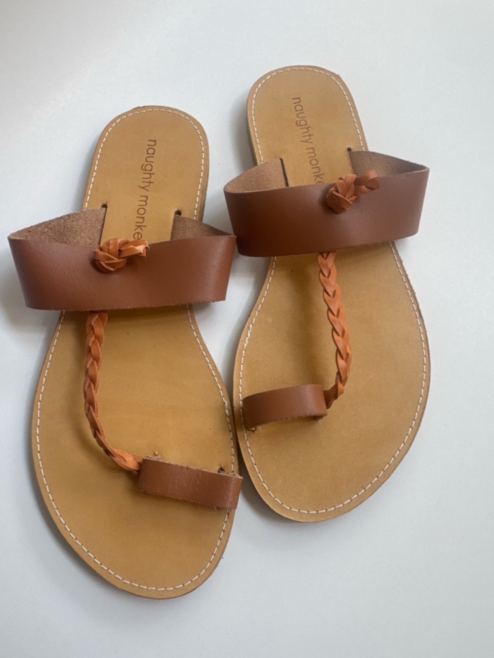 Naughty Monkey Brown Tan Braided Toe-Loop Flats Slide Sandals - Picture 2 of 4